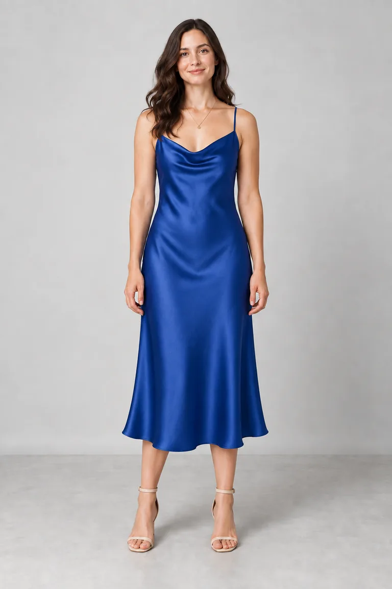 Illustrative AI example of the same woman wearing Cobalt Slip
